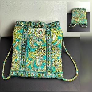 Vera Bradley Quilted Green and Blue Backpack with Intricate Pattern Drawstring